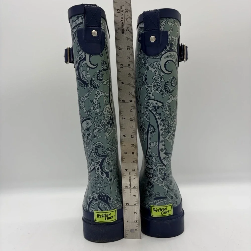 Western Chief Womens 8 Rubber Rain Boots Mid Calf Paisley Plains Navy Blue